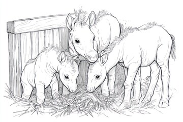 Three baby equines huddled together,  feeding on hay inside a wooden enclosure.  Detailed line art showcases soft fur and delicate features
