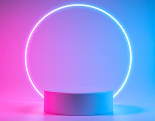 Empty podium with line gradient neon ring on background. illustration with podium on backgro