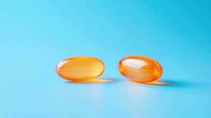 Vibrant golden omega-3 capsules displayed against a serene azure backdrop