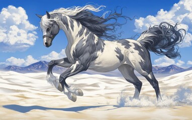 Majestic Spotted Horse Running in Desert Landscape