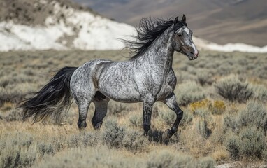 Obraz premium Majestic Gray Horse Running in Desert Landscape