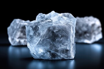 Obraz premium Close-up view of three ice cubes on a dark surface.