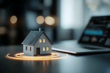 Miniature house model with glowing circular tech lines, smart real estate and fintech concept with blurred laptop background