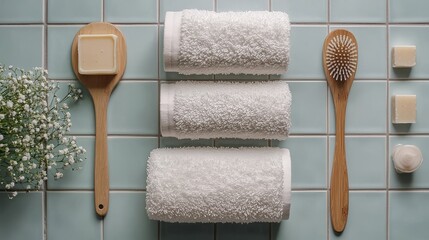 Soft and Fresh White Towels with Natural Accessories on Light Tiles