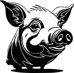 black and white cartoon illustration of a pig