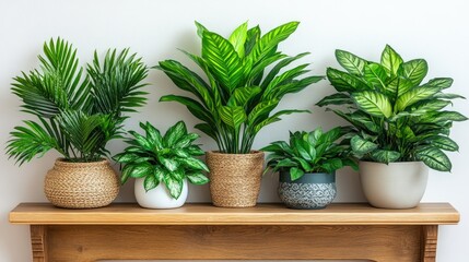 Lush indoor plants grace wooden shelf