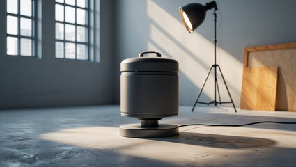 Photorealistic image of a solar canister lighting base with soft white backdrop