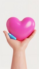 Obraz premium A hand holding a pink heart shaped object with a blue handle.