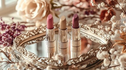 Elegant lipsticks arranged on a vintage mirror with floral accents