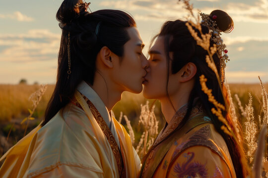Gay Kiss in Feudal China during forbidden love moment between two noble men embracing against traditional laws and repression