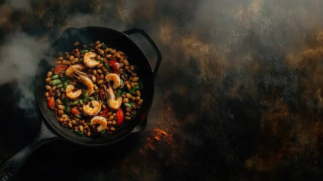 Gourmet shrimp and bean stir-fry in rustic cast iron skillet with smoky ambiance