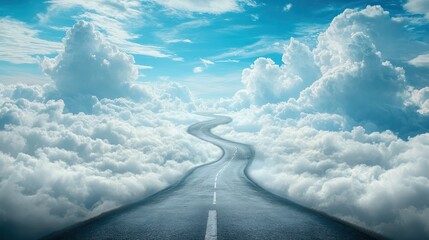 Serene journey: A winding road amidst fluffy clouds under azure sky