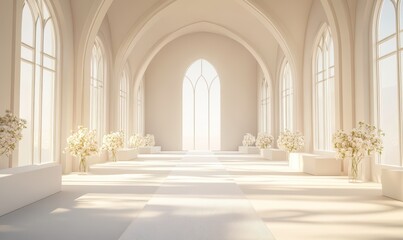 Naklejka premium Elegant, sunlit interior of a white cathedral hall.