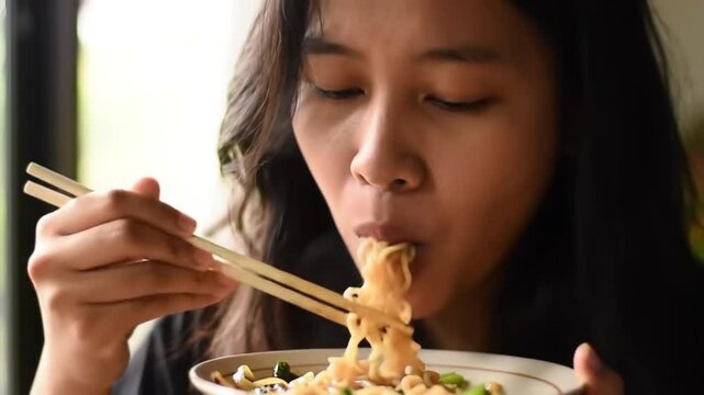 Close-up of Woman Eating  Noodles