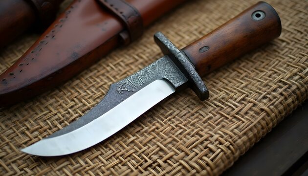 A traditional Nepalese kukri with a curved blade, full tang, and a carved wooden handle, resting on a woven mat with its blood groove in view.


