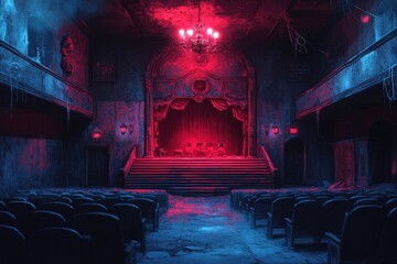Abandoned theater stage, red blue light, eerie atmosphere, horror film backdrop