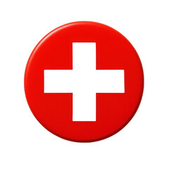 Fototapeta premium Vivid red round badge with a bold white cross in the center, representing medical assistance and safety.