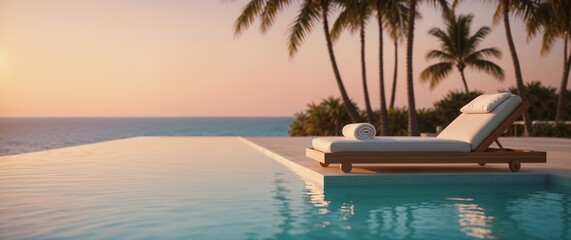 Naklejka premium Lounge chair with peaceful ambiance by infinity pool at sunset in tropical paradise