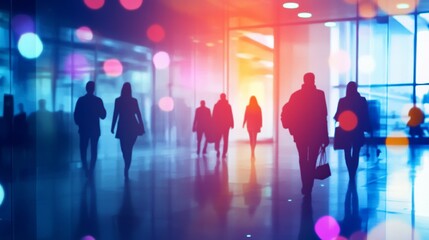 Fototapeta premium Silhouetted Figures Walking Through a Modern Building Interior with Vibrant Bokeh Lighting