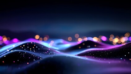 3D render of an abstract background with glowing dots and wavy lines in purple and blue colors on a