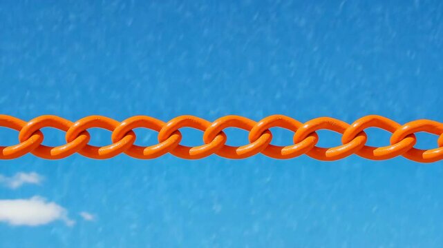Bright orange chain links against cloudless blue sky create bold, connecting pattern. Simple, strong