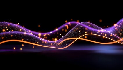 3D render of glowing, wavy purple and orange lines on a black background with dots.