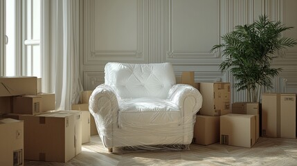 Cozy Living Room with Packed Boxes and Wrapped White Chair