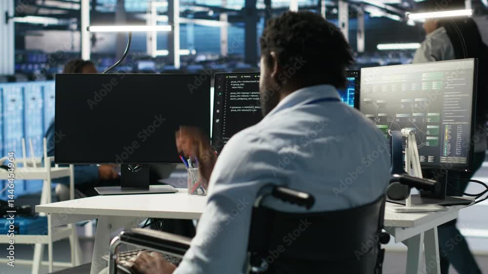 Poster overworked man in wheelchair upset by error warning popup while looking at server hub ai analytics m