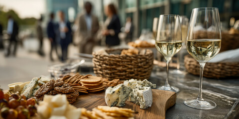 Outdoor gathering with wine and appetizers. A delightful social event featuring gourmet snacks, crisp drinks, and professional interactions.