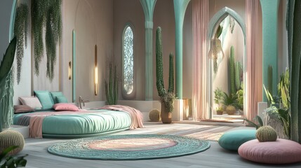 Interior design of a round bed in a light teal room.