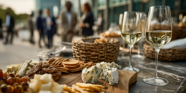 Outdoor gathering with wine and appetizers. A delightful social event featuring gourmet snacks, crisp drinks, and professional interactions.