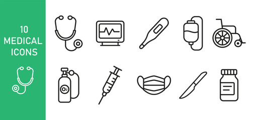 Medical editable stroke outline Icons set. Hospital, patient, medicine, pharmacy, nurse, prescription and medical report. Vector illustration