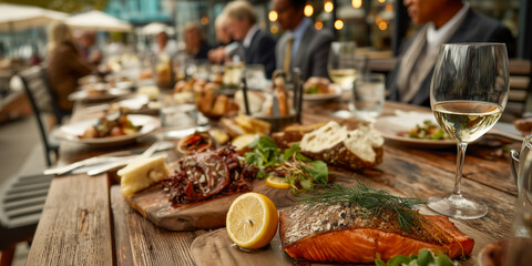 Obraz premium Long table dining experience with focus on delicious-looking food and wine, in a casual outdoor restaurant setting.