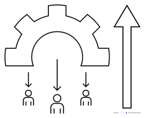 Gear directing three individuals under arrows progressing to an upright arrow symbolizing teamwork, growth, and strategy. Ideal for progress, collaboration, innovation, leadership, organization