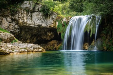 Fototapeta na wymiar Picturesque waterfall cascading into a tranquil pool nestled within a lush green valley