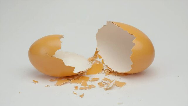 Cracked eggshell on a white backdrop. Pieces scattered around the larger fragments