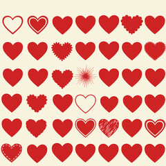 A collection of various red heart shapes arranged on a cream-colored background for design