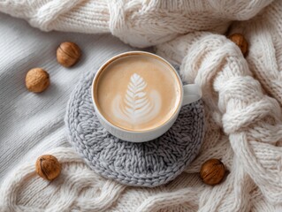 Cozy Coffee Break A Latte with Latte Art on Knitted Coaster and Blanket