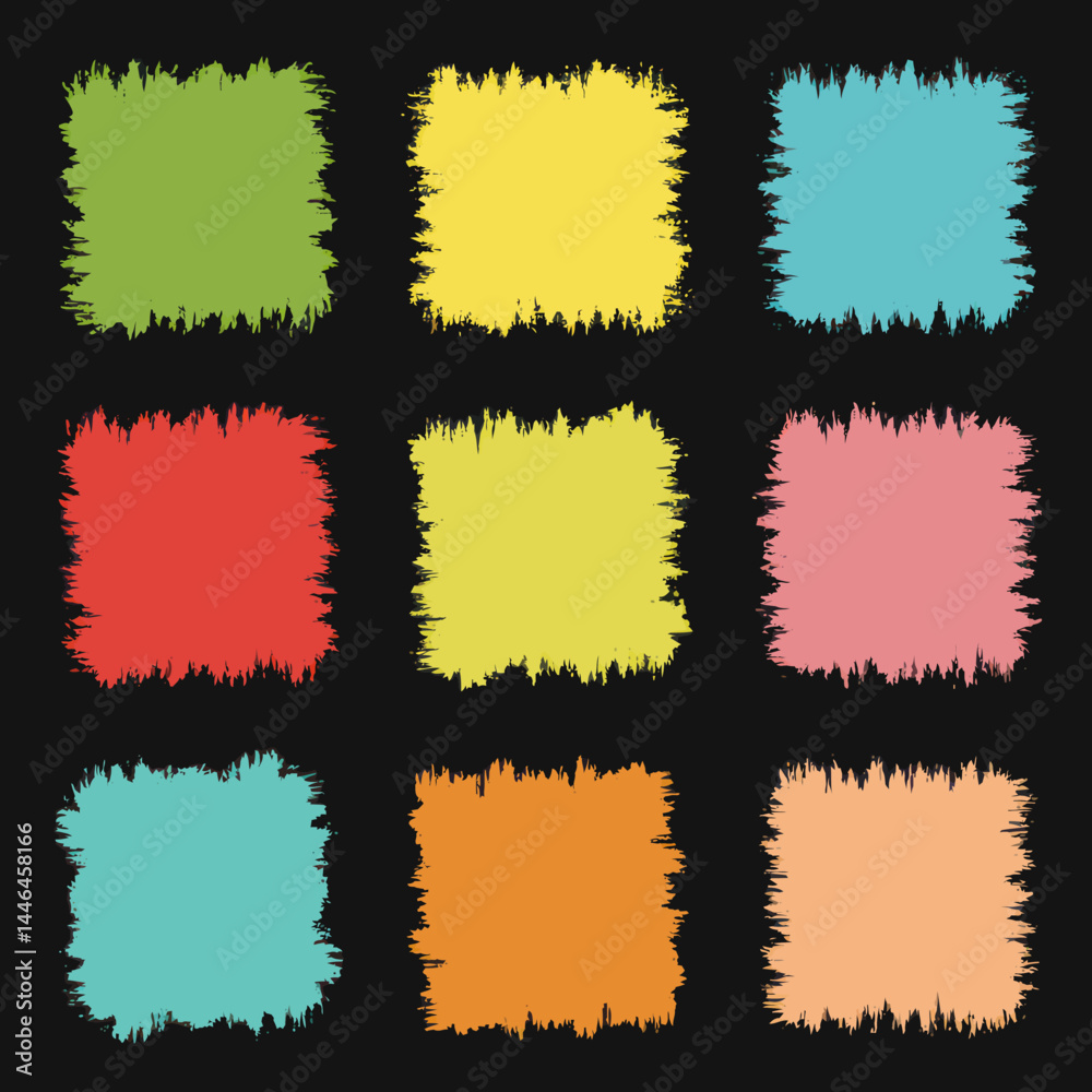 Poster Colorful square shapes with rough edges on a dark background for design elements and patterns.