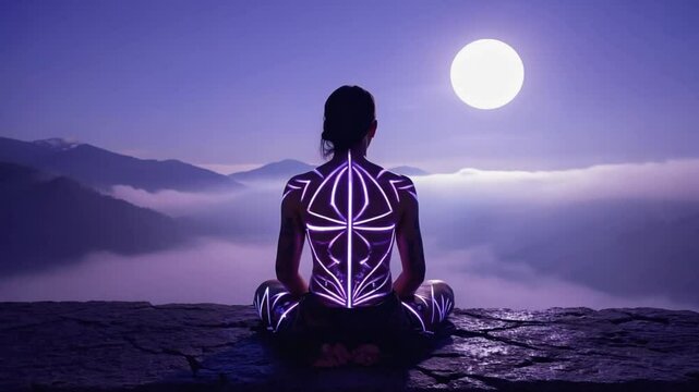 A figure meditating in a lotus position under a large, full moon, with glowing chakra points visible on their body. Lunar meditation.