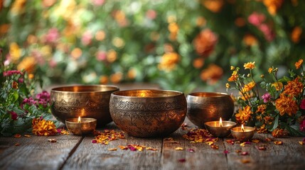 Tranquil Scene with Decorative Bowls and Flower Accents Outdoors
