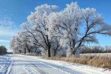 Obraz premium Frosted trees line a snowy rural road under a clear sky