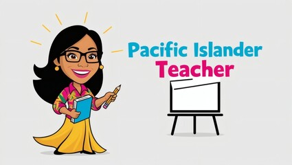 Pacific Islander cartoon teacher character with pointer and book, smiling beside whiteboard, promoting education diversity