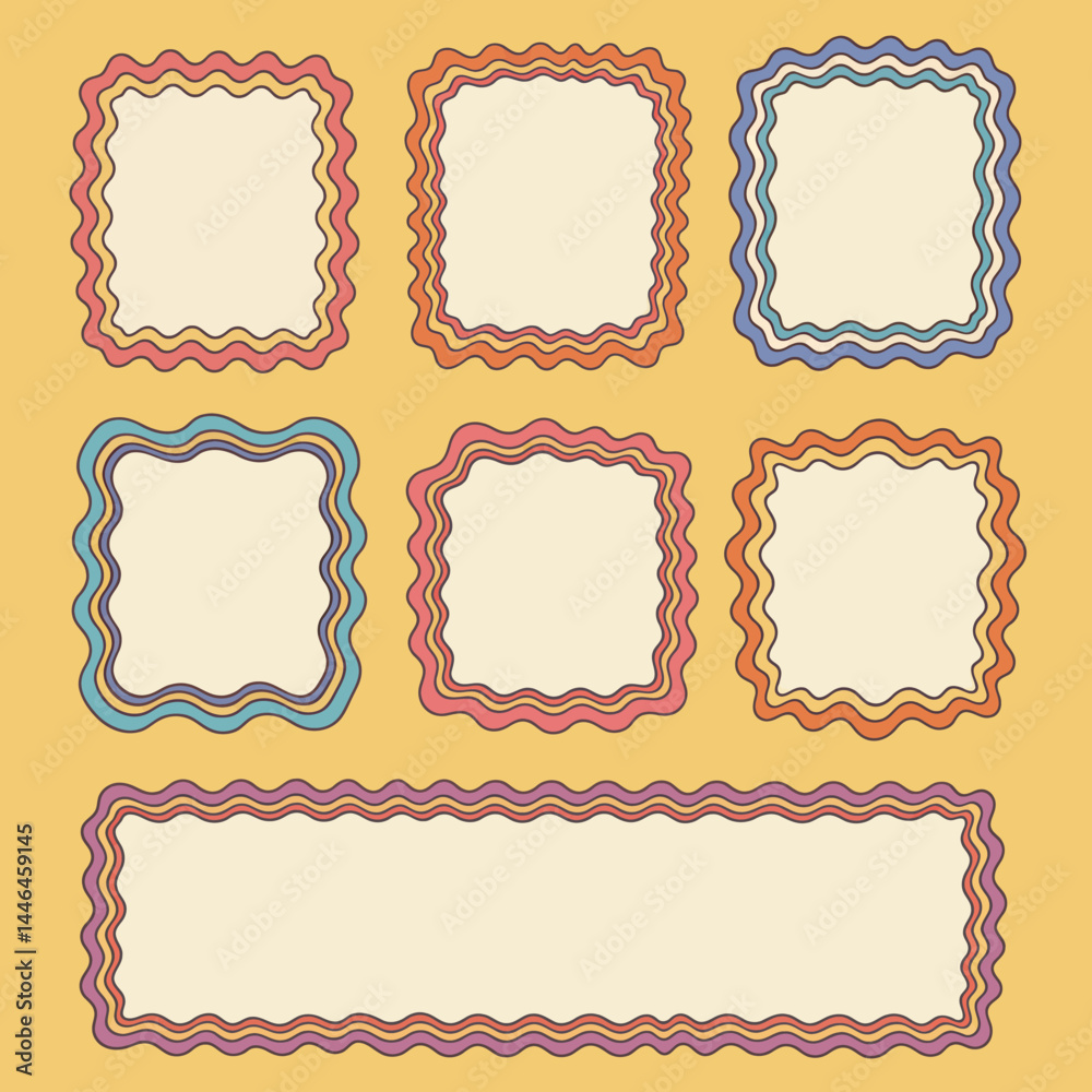 Poster retro style wavy frame illustrations with blank spaces for text on a yellow background.