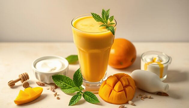 Creamy Mango Smoothie with Fresh Fruits and Yogurt on Bright Tabletop Displaying Vibrant Colors and Textures For Healthy Diet and Recipe Inspiration