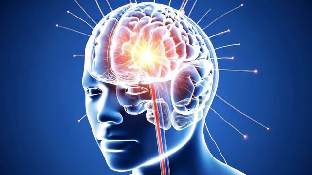 Head profile with a highlighted brain area, neural activity illustrated by radiating lines and a vibrant blue background