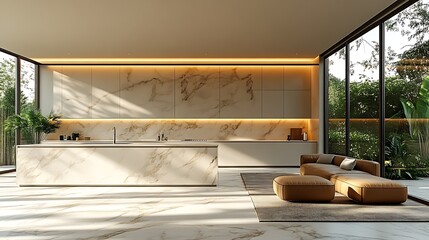 Luxurious interior kitchen with white marble finishes high resolution image