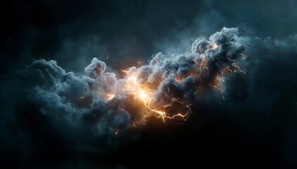 A dark background with an explosion of smoke and lightning, creating dynamic visual effects. The