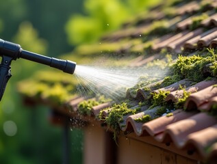  close-up image captures the process of cleaning a roof covered heavily with green moss using a pressure washer.
