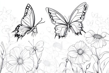 Obraz premium Delicate black and white illustration of two butterflies amidst blooming flowers. Detailed line art of floral design, creating a serene atmosphere